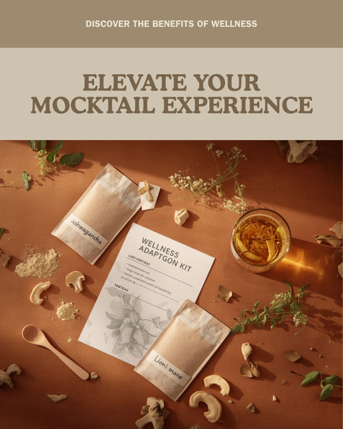 Adaptogen Mocktail Kit — ashwagandha, reishi mushroom, and lion's mane pouches with recipe card